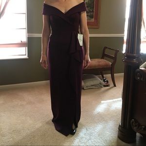 XSCAPE formal dress, plum color, size 6. Off shoulder, formal fitting.